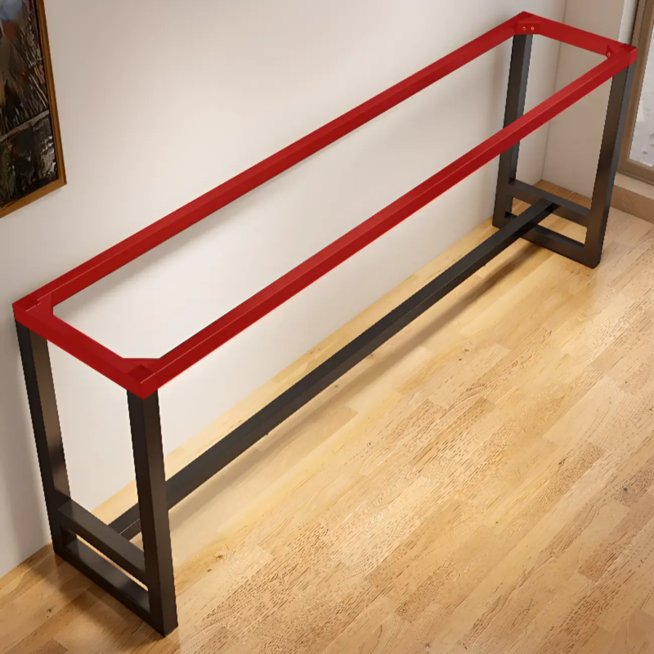 Simple Brown Black Wooden Trestle Bar Tables