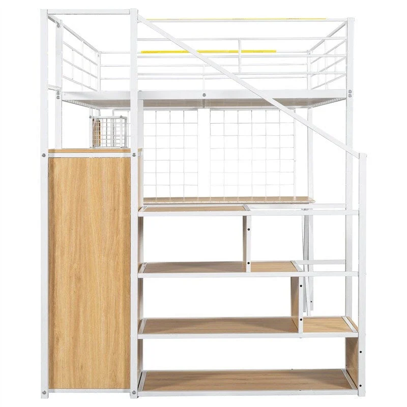 Metal Loft Bed with Desk, Wardrobe, and Storage Staircase