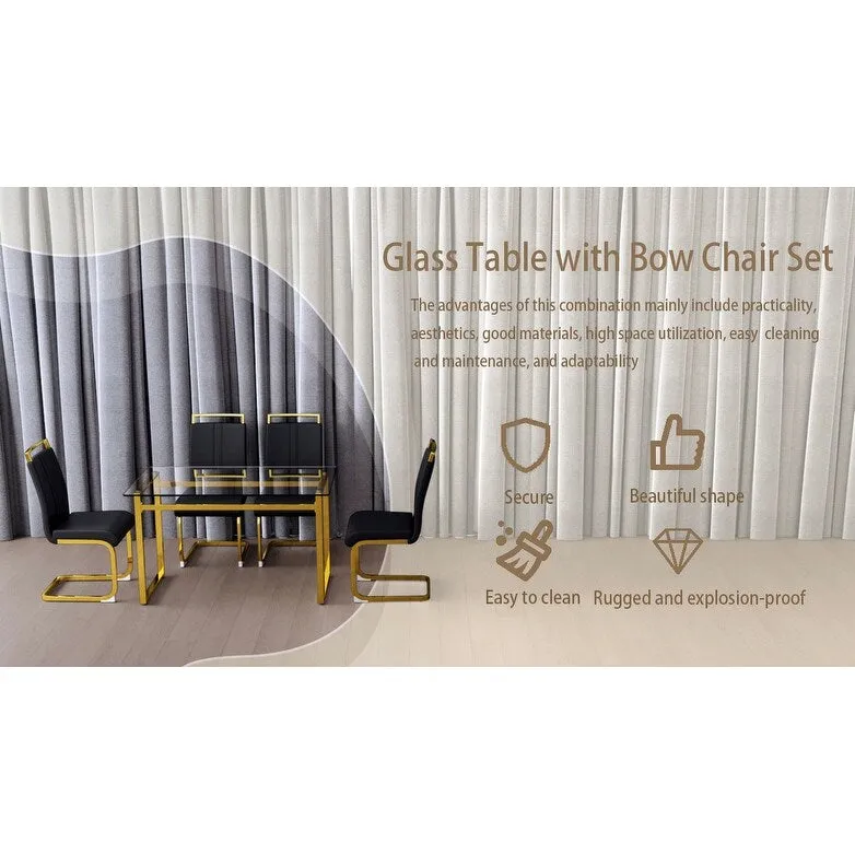 Modern Style 5-Piece Dining Set with Rectangular Tempered Glass Table and High Back Golden Plating Legs Dining Armless Chairs
