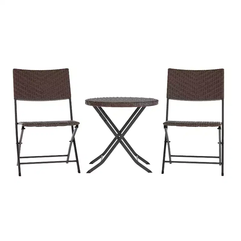 Flash Furniture Rouen Three Piece Folding Bistro Set in PE Rattan with Metal Frames for Indoor and Outdoor Use