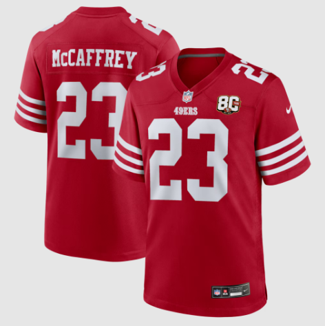 San Francisco 49ers Christian McCaffrey Scarlet 80th Anniversary Game Jersey