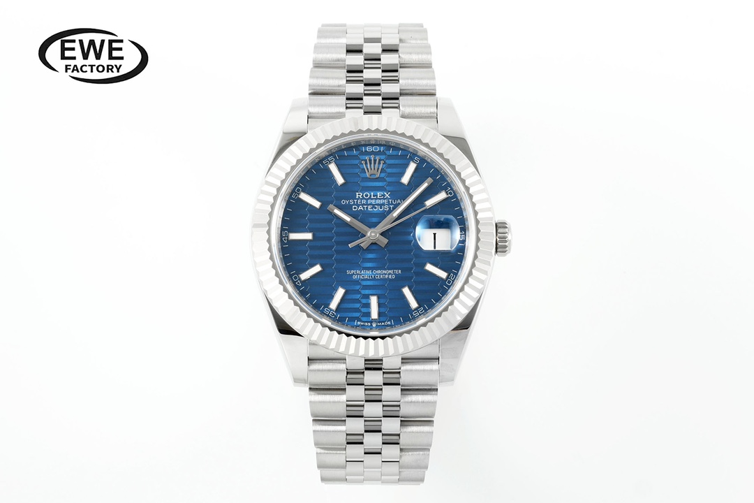 Master quality imitation Rolex Datejust 41 blue fluted dial front view