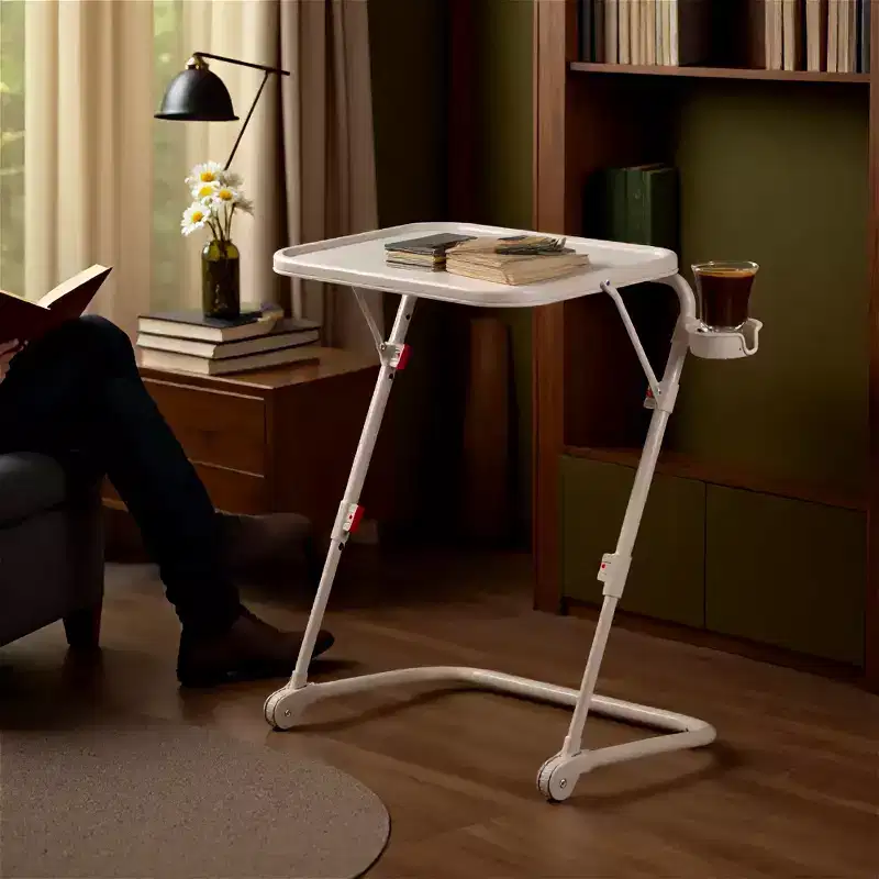 FurnitureR Adjustable Height Folding Desk with PP Tabletop, Portable Space-Saving Work Table with Wheels and Side Storage Trays for Home Office