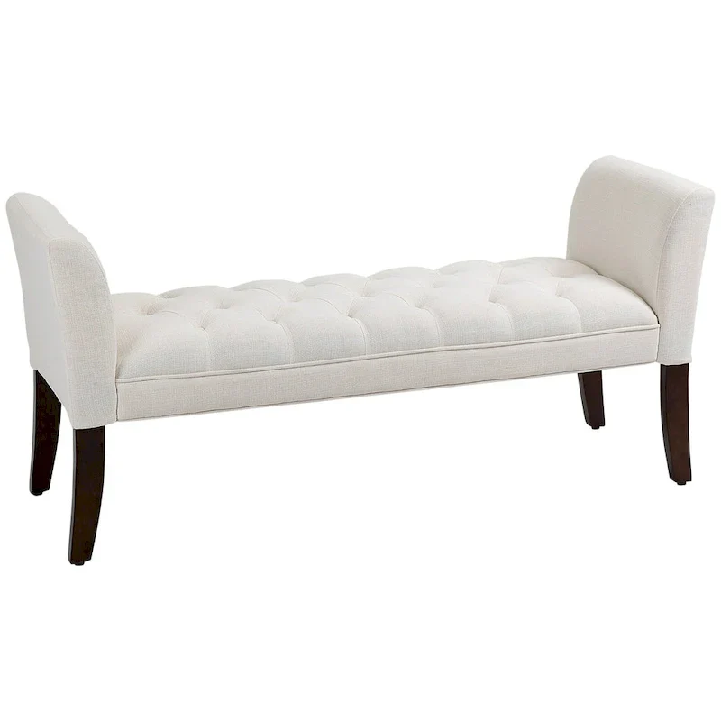 Beige Button-Tufted Upholstered Bench with Arms - 55