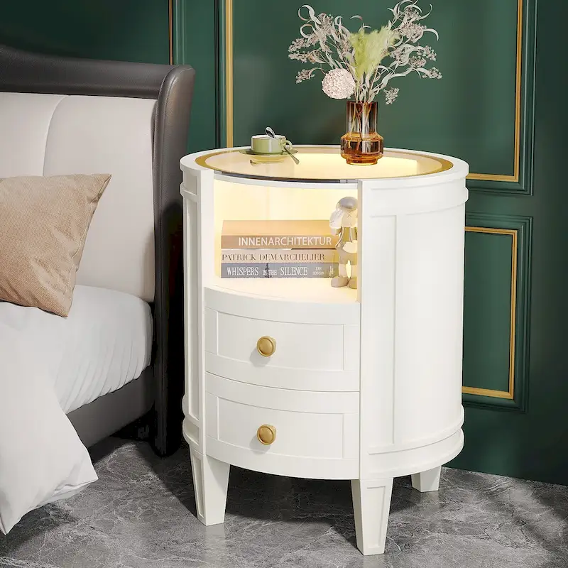 Round White & Gold 2-Drawer Nightstand with LED Lights, 1–2 Piece