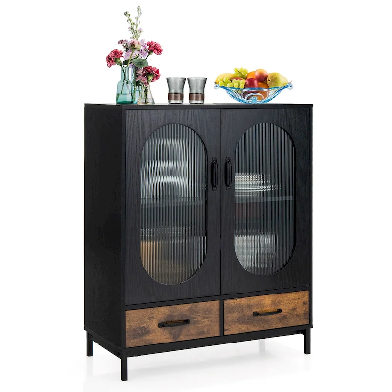 Black & Rustic Brown Industrial Buffet Sideboard with 2 Drawers & Glass Doors – 1-Person Assembly