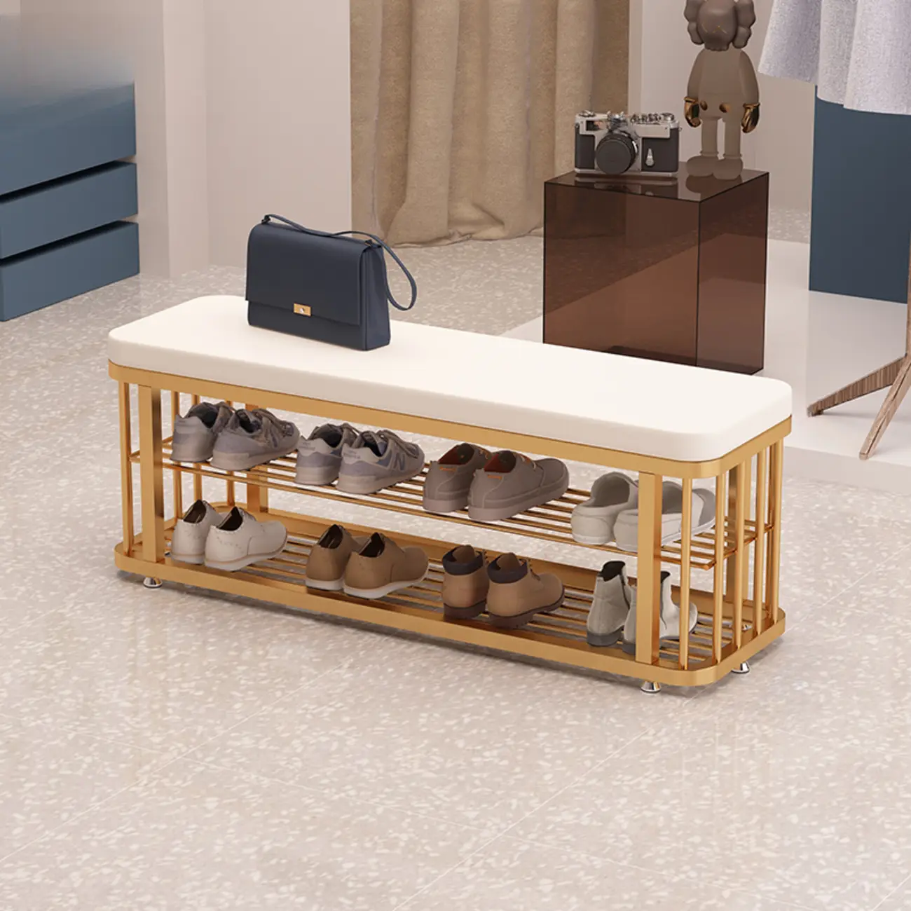 Simplistic Gold Metal Shoe Bench with Padded Upholstery