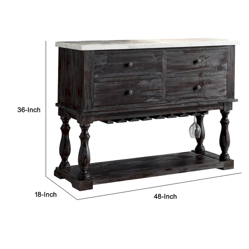 Four Drawers Wooden Server with Marble Top, White and Brown