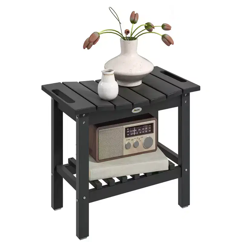 Outsunny 2-Tier Outdoor Side Table, Weather Resistant Shower Bench with Handles, Non-Slip Pads