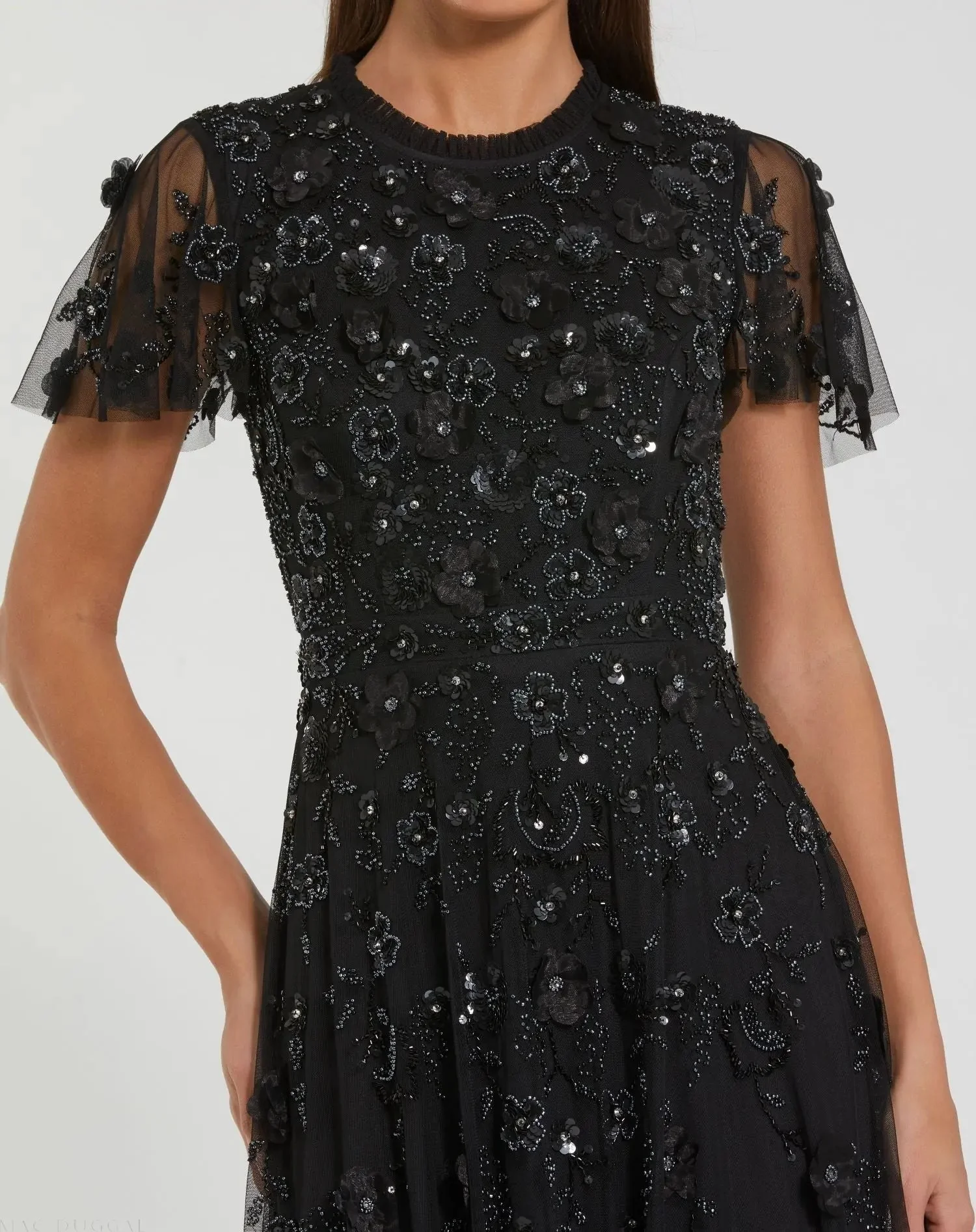 Black Embellished High Neck Flutter Sleeve A Line Dress