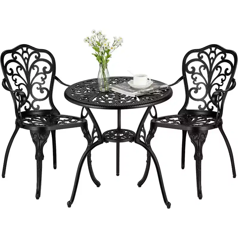 3-Piece Outdoor Bistro Set, All-Weather Cast Aluminum Patio Table+Chairs w/Umbrella Hole for Yard, Garden, Balcony, and Poolside Use