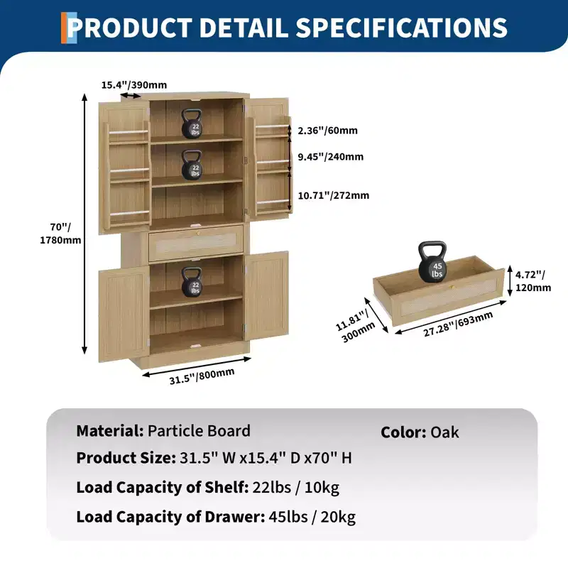 Kitchen Pantry Cabine, Rattan Doors Freestanding Cupboard Storage Cabinet with Drawer, Adjustable Shelves for Dining Room Living Room Home Officee
