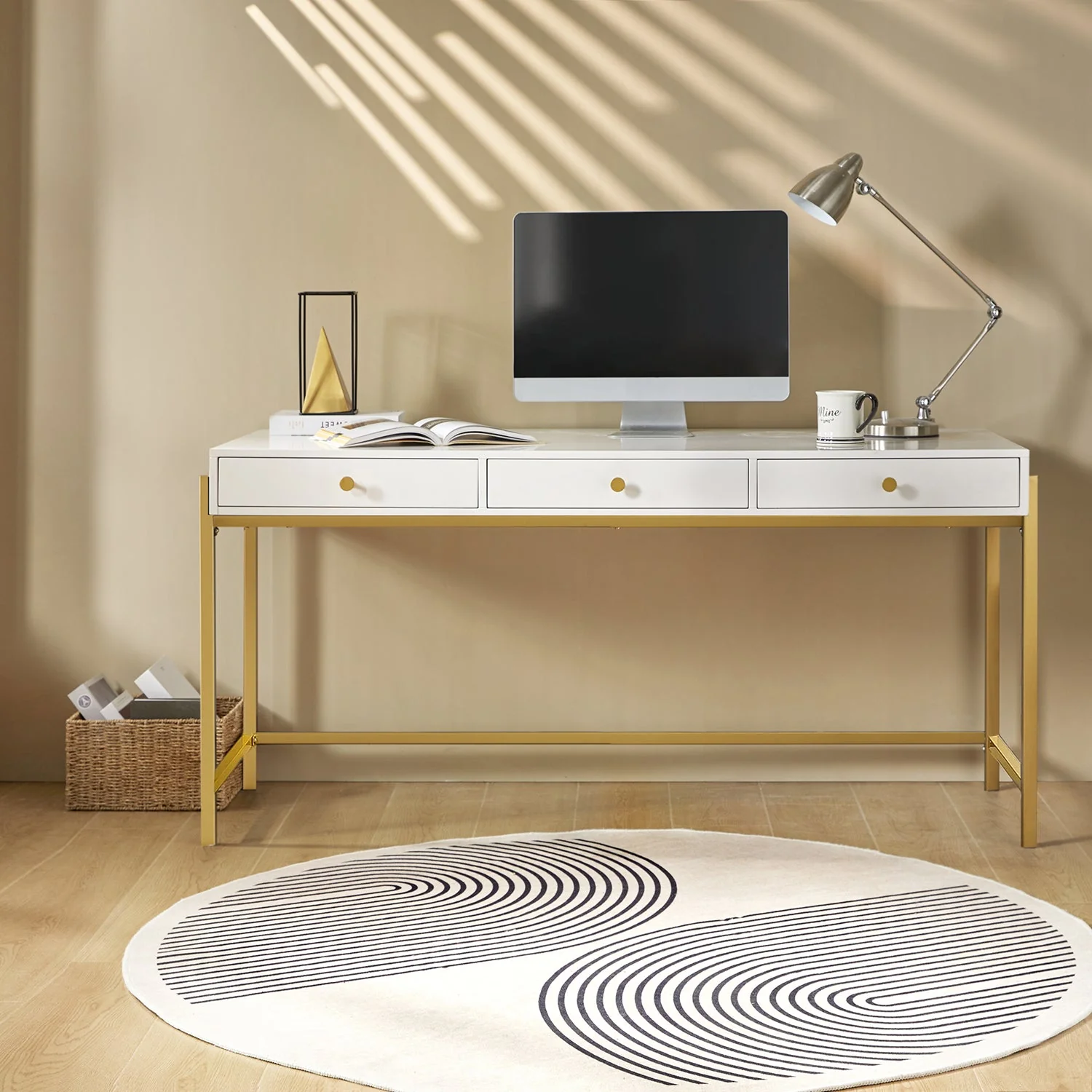 3-Drawer Desk with Glossy Black Top, Soft-Close Drawers & Gold Metal Legs | White / Black | Single