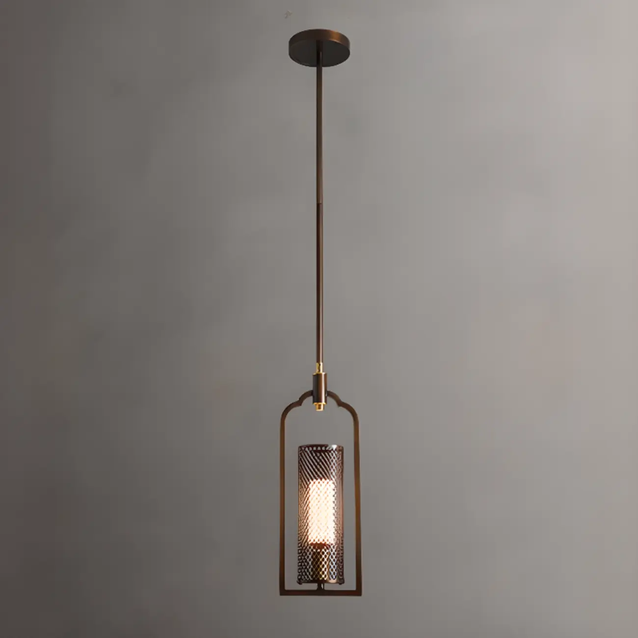 Antique Brass Cylinder Pendant Light with Copper Mesh Shade