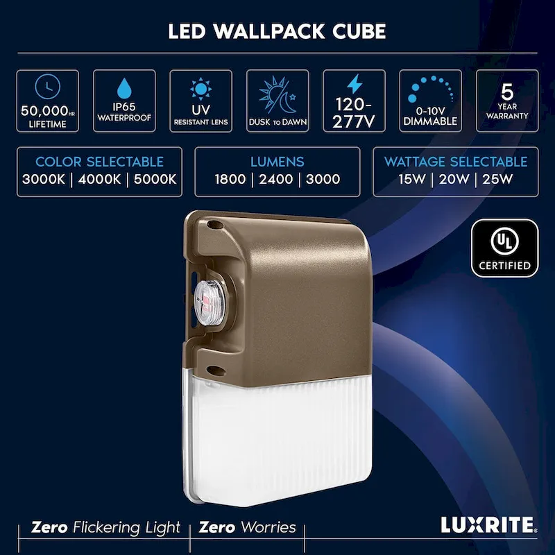 Luxrite 15/20/25W LED Wall Pack Light with Photocell, 3CCT, 1800/2400/3000LM, Dusk to Dawn, IP65, Dimmable - 3000k/4000k/5000k