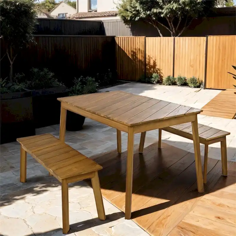 3 Pieces Outdoor Acacia Wood Dining Set with 2 Benches and Table