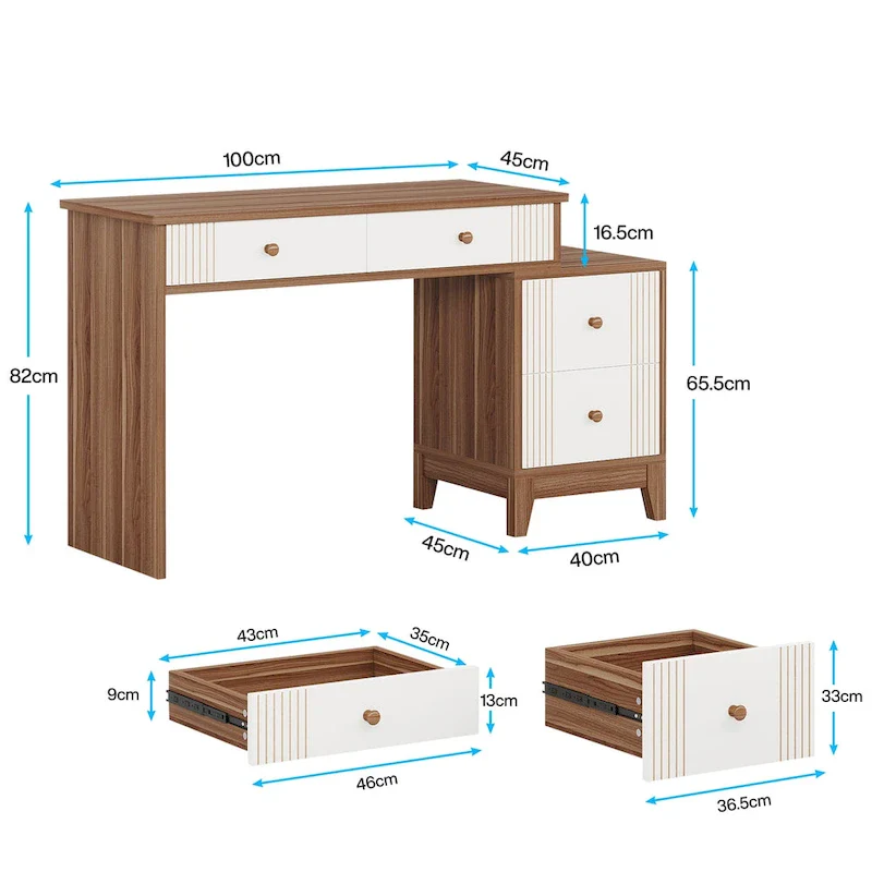 Light Walnut/White & White/Walnut 4-Drawer Makeup Vanity Desk – Single