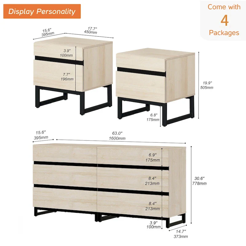 WAMPAT 3 Piece Dresser and Nightstand Sets