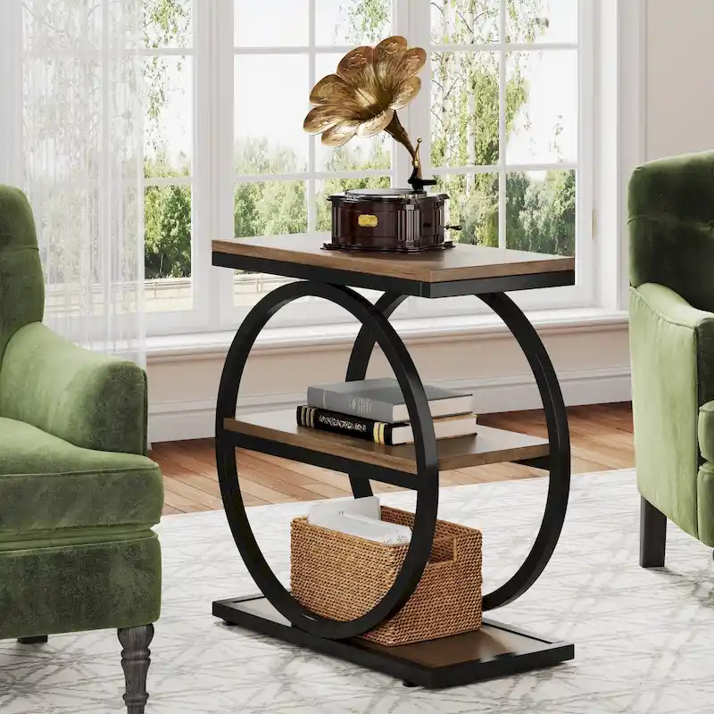 Industrial 3-Shelf Narrow End Table – Brown / Grey / Oak / Yellow
