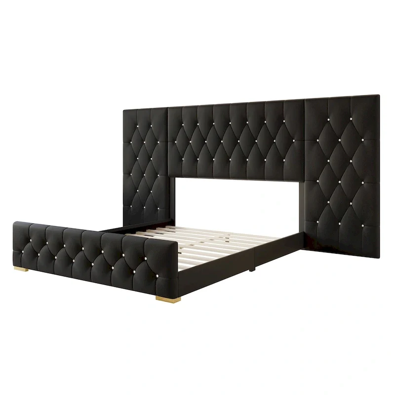 Velvet Tufted Platform Bed with Wall Panels – Black / Silver Grey, Queen & King