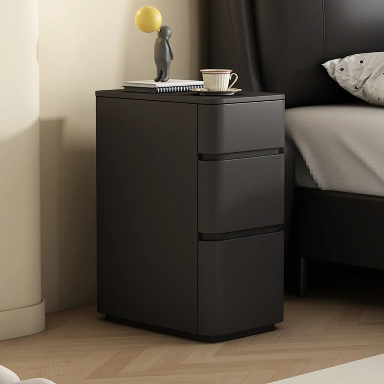 Narrow Leather Wood 3-Drawer Black Nightstand