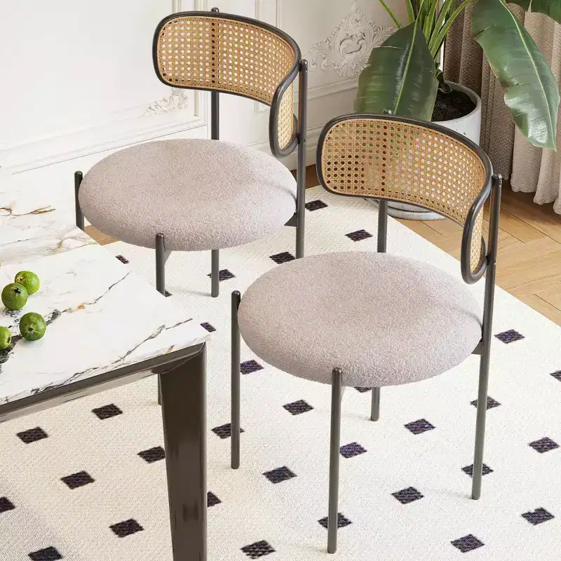 MAYEERTY Modern Upholstered Dining Chairs Set of 2 with Metal Legs Rattan Back Dining Room Chairs for Kitchen Gray