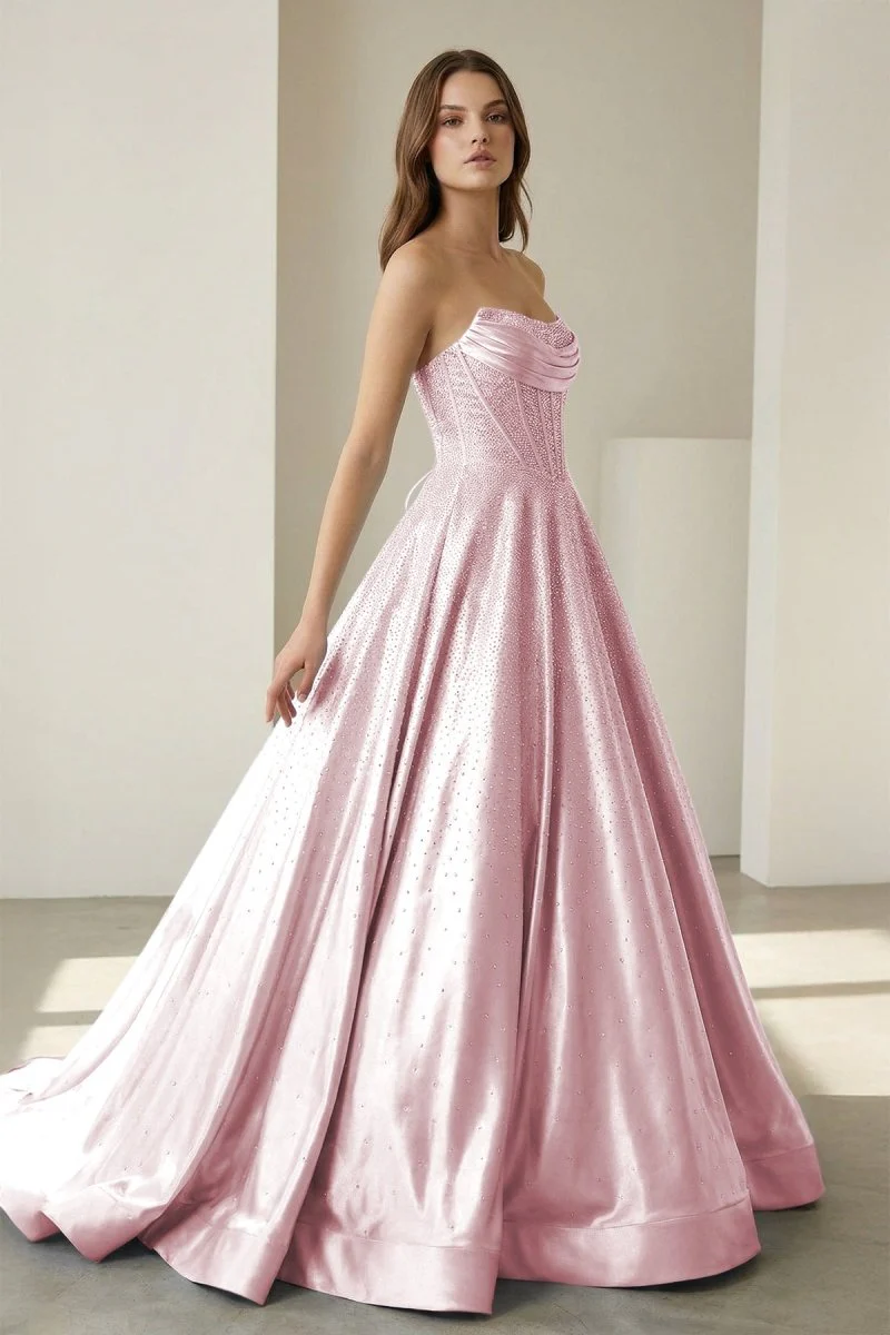 Pink - Strapless A Line Satin Beaded Long Prom Dresses With Pockets