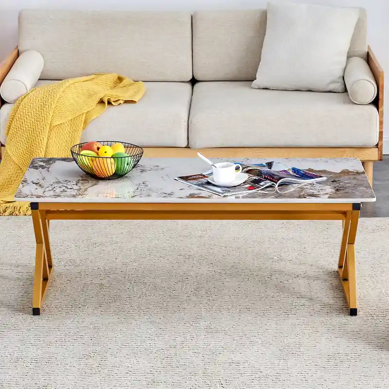 47 Modern Rectangular Coffee Table with Sintered Stone Tabletop and X-shaped Metal Legs