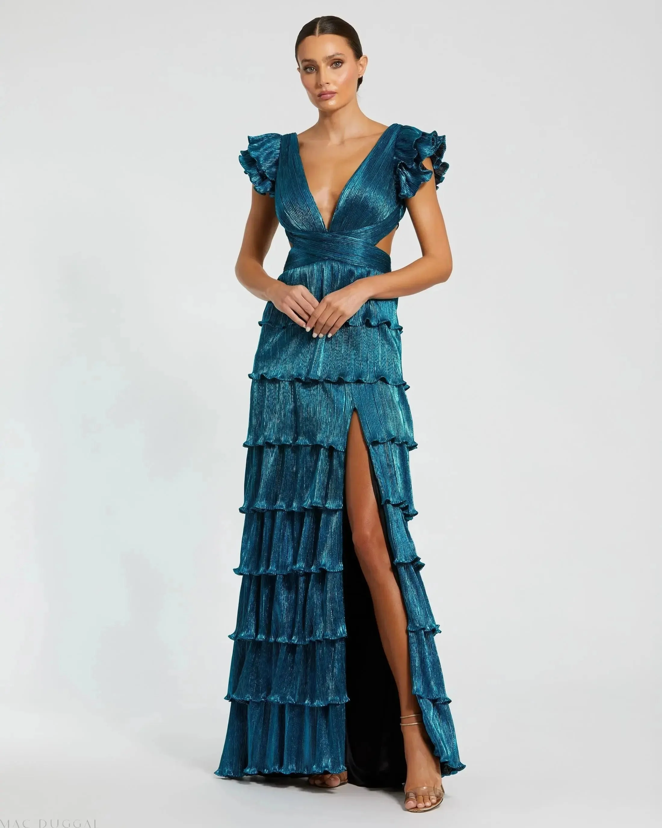 Blue Ruffle Tiered Criss Cross Lace Up Gown