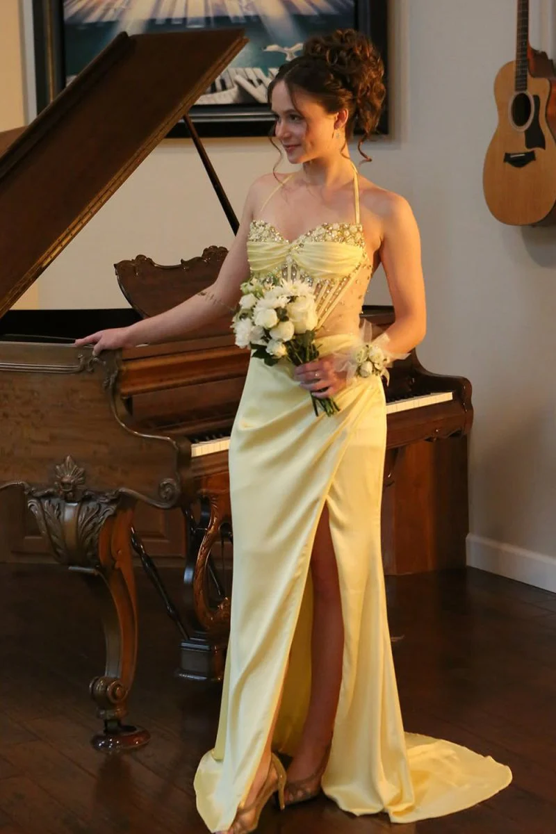 Yellow Halter Pleated Sheath Satin Long Prom Dresses With Beading