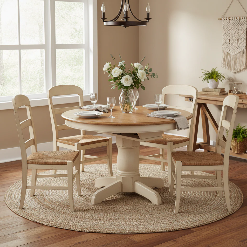 Caramel and Biscotti Two-Tone Round Dining Table with Butterfly Leaf - 42 Inch Expandable for 4-6 People