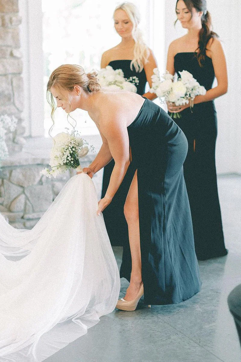 Black Strapless Long Bridesmaid Dresses with Slit