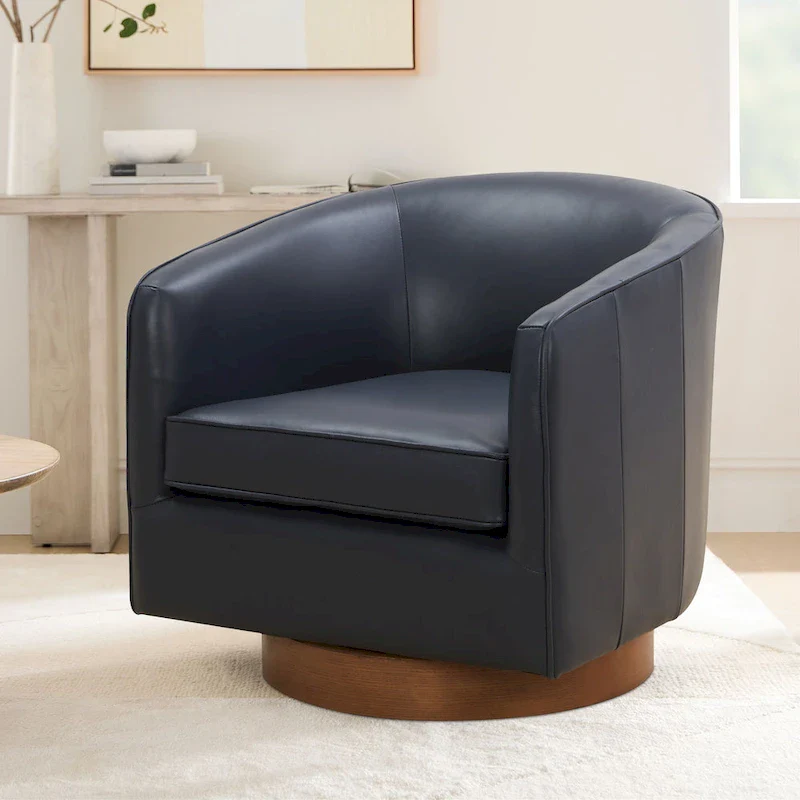 Top Grain Leather Barrel Swivel Accent Chair with Wooden Base