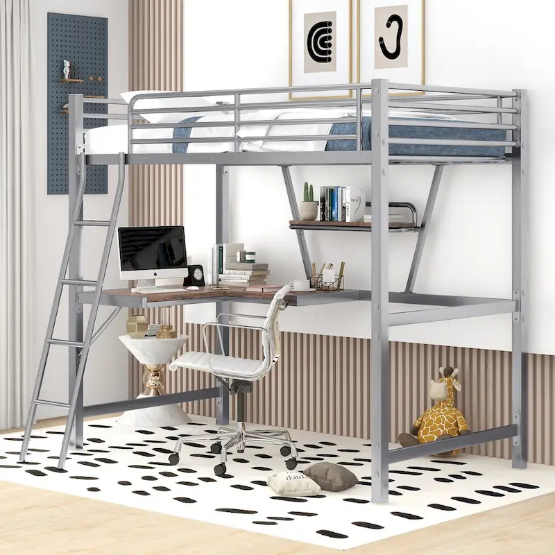 Metal Loft Bed with Desk and Guardrail