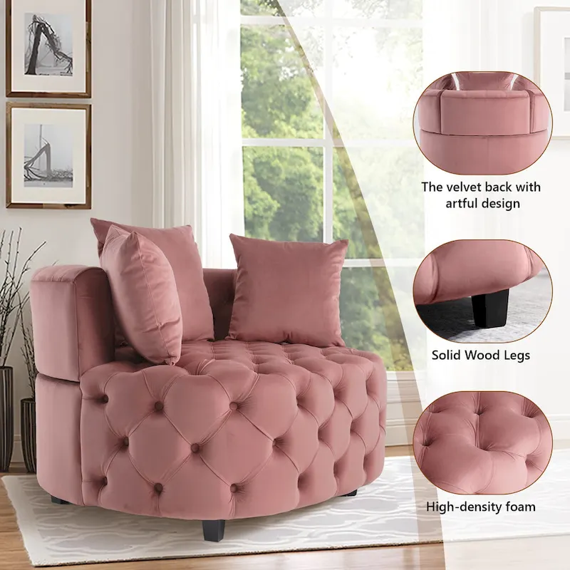 Velvet Modern Leisure Big Classical Barrel Chair with 2 Pillows