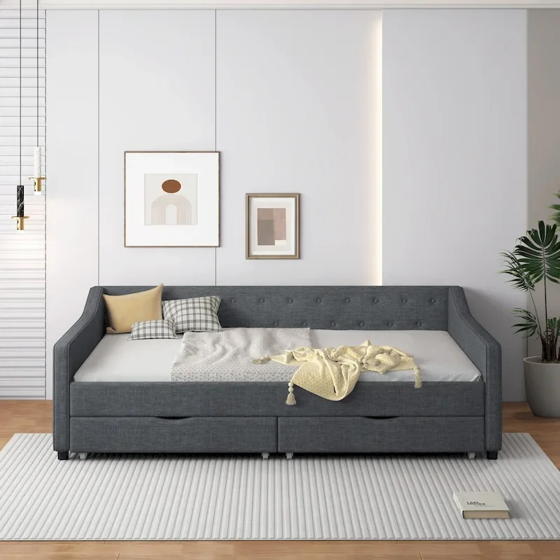 Upholstered Daybed with Storage Drawers, Beige / Dark Grey, Full Size, 1-Person
