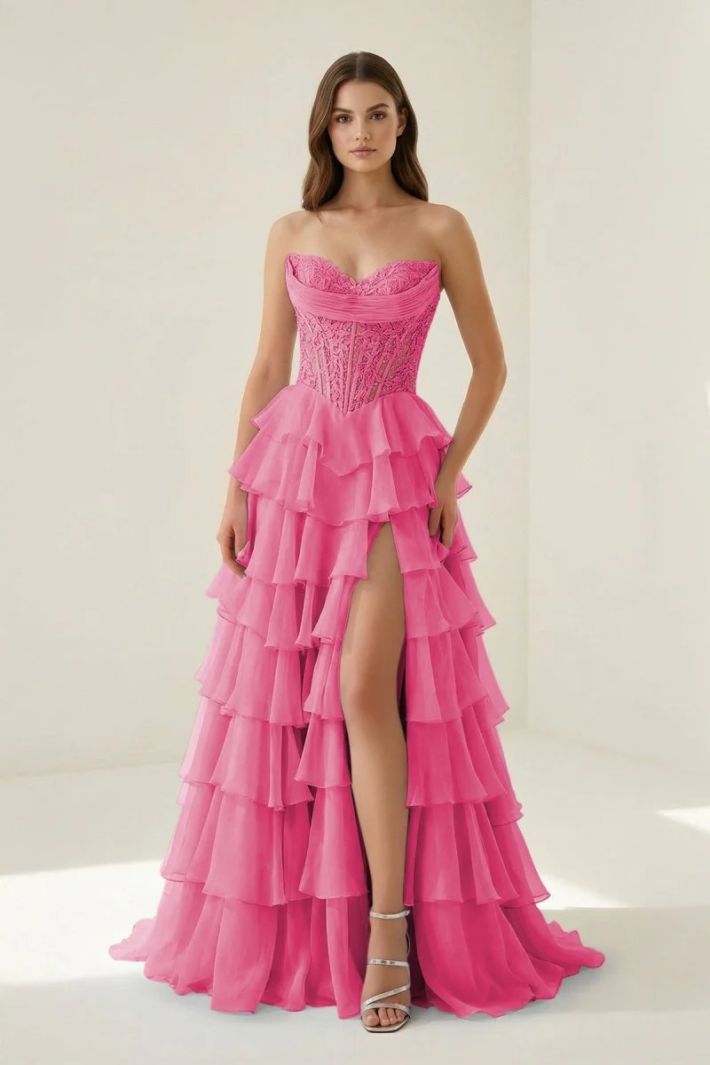 Hot Pink - Strapless A Line Chiffon Ruffled Prom Dresses With Appliques