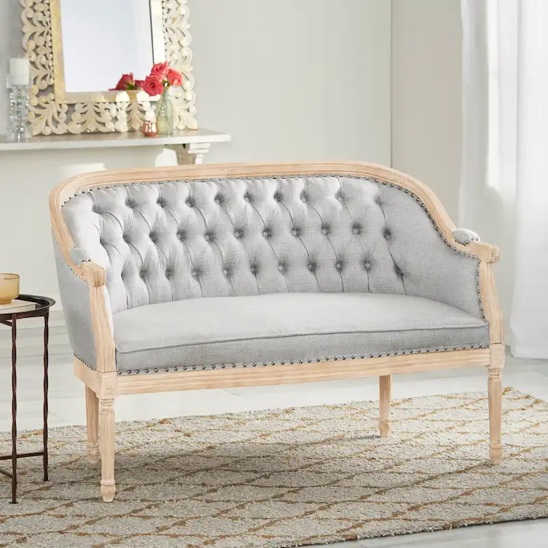 Button-Tufted Upholstered Loveseat with Scrolled Arms and Nailhead Trim