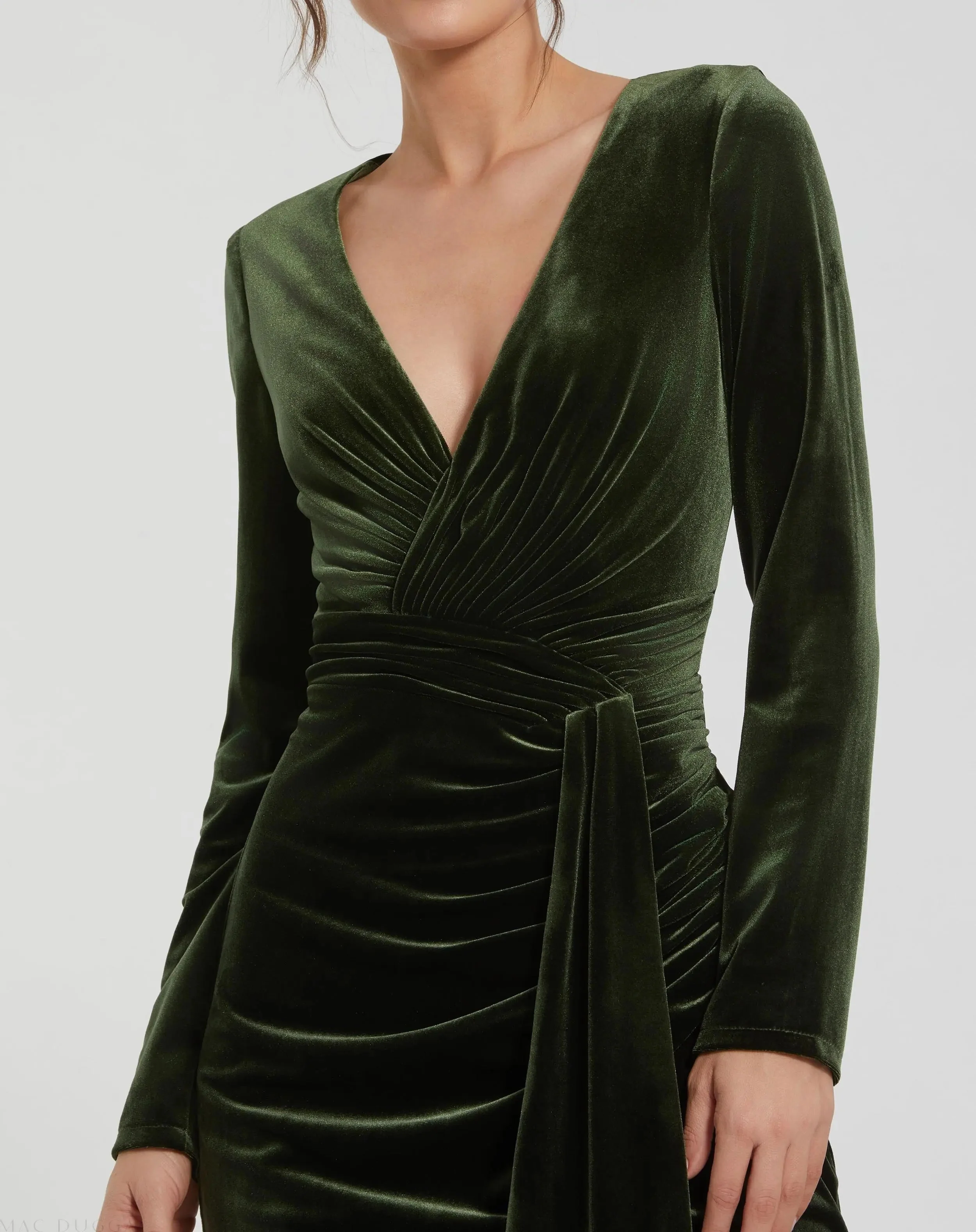 Green Ruched Velvet Column Evening Gown