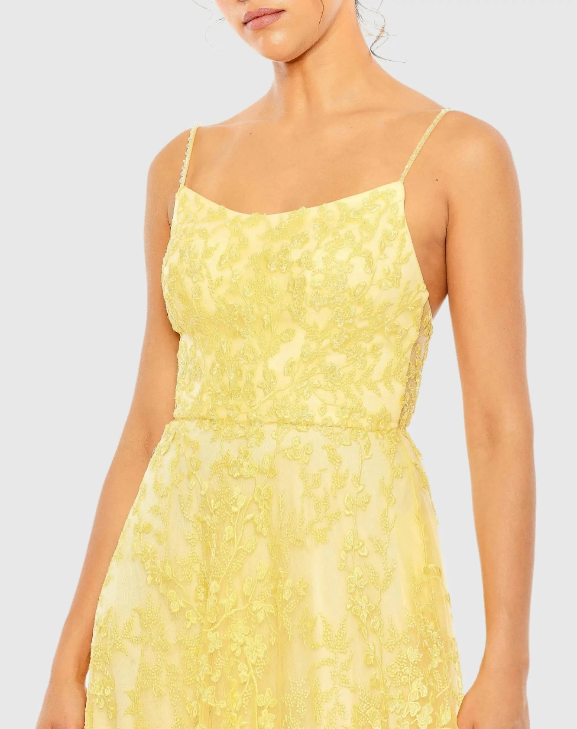 Yellow Floral Applique Cami A Line Gown