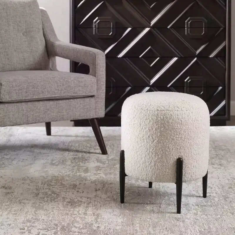 Uttermost Arles White Faux Shearling Round Ottoman