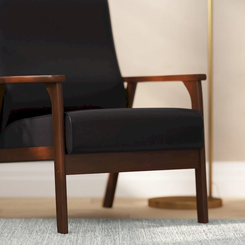 Mid-Century Modern Armchair with Wooden Frame and Faux Leather Cushions