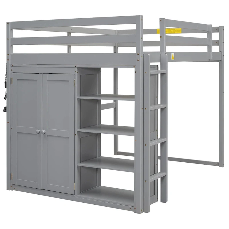 Gray Full Size Wood Loft Bed with Built-in Wardrobe and Shelves, LED Light