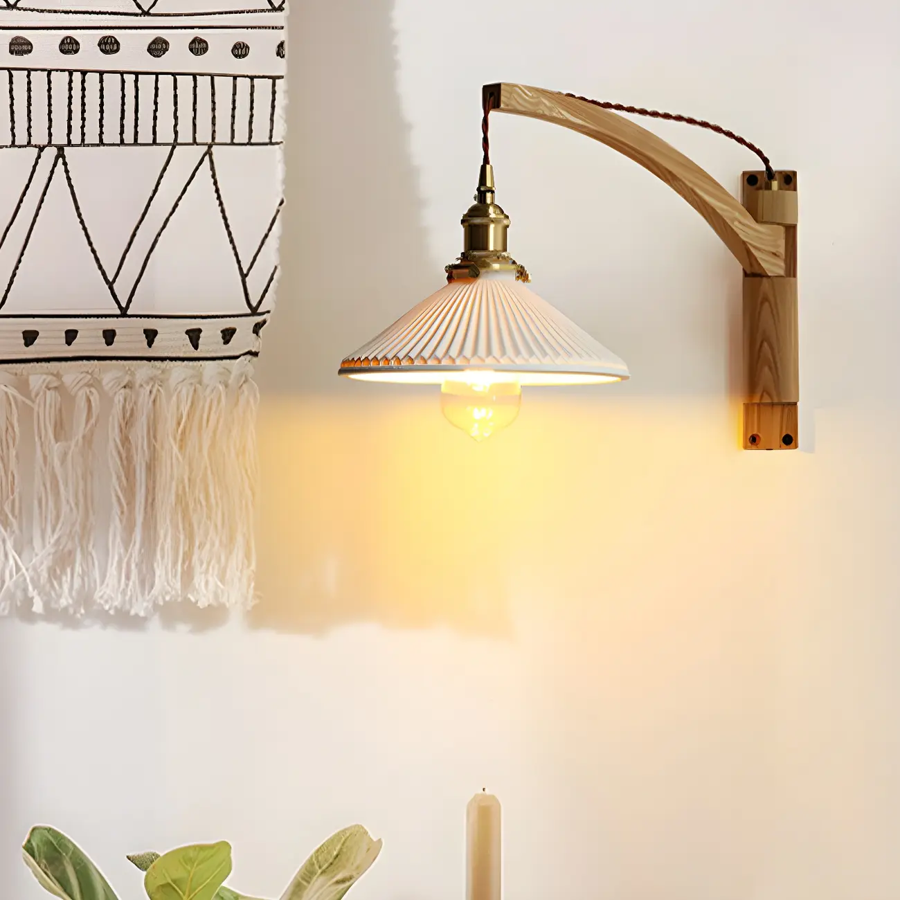 Rustic Wood Brass White Adjustable Swing Arm Wall Light