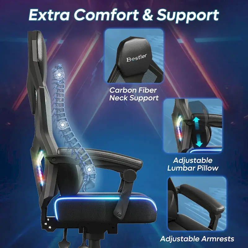 Ergonomic Gaming Chair with RGB LED Lights, Ventilated Fabric Computer Chair with Pocket Spring Cushion and Articulated Armrests