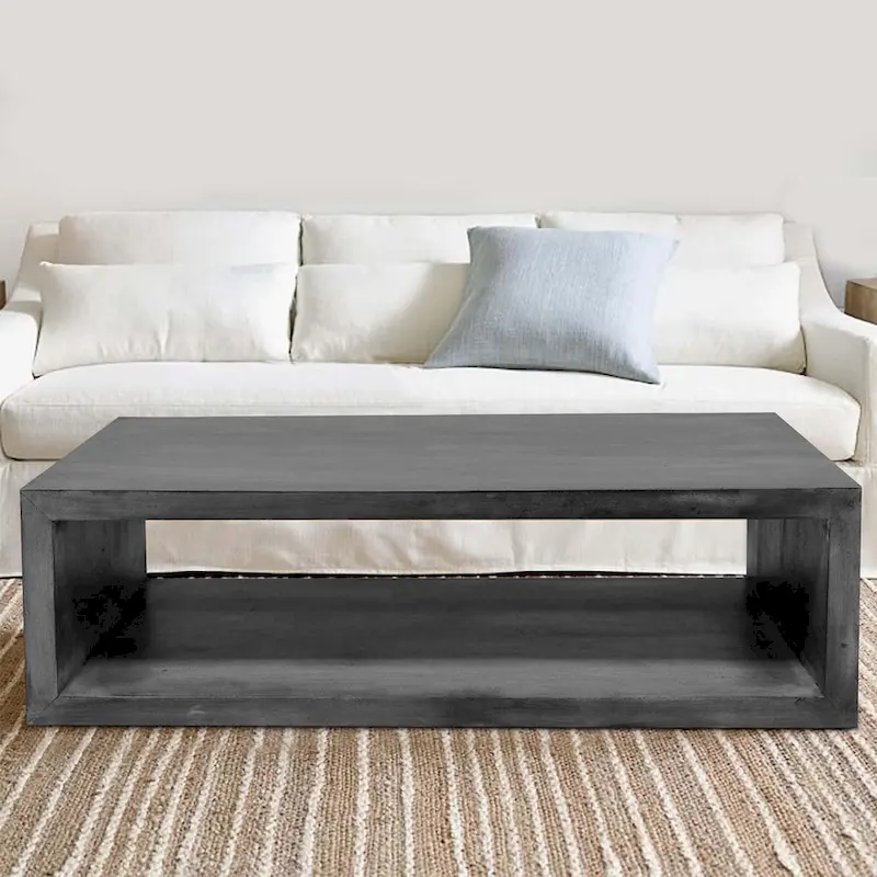 Keli 58 Inch Cube Shaped Wooden Coffee Table with Open Bottom Shelf, Charcoal Gray