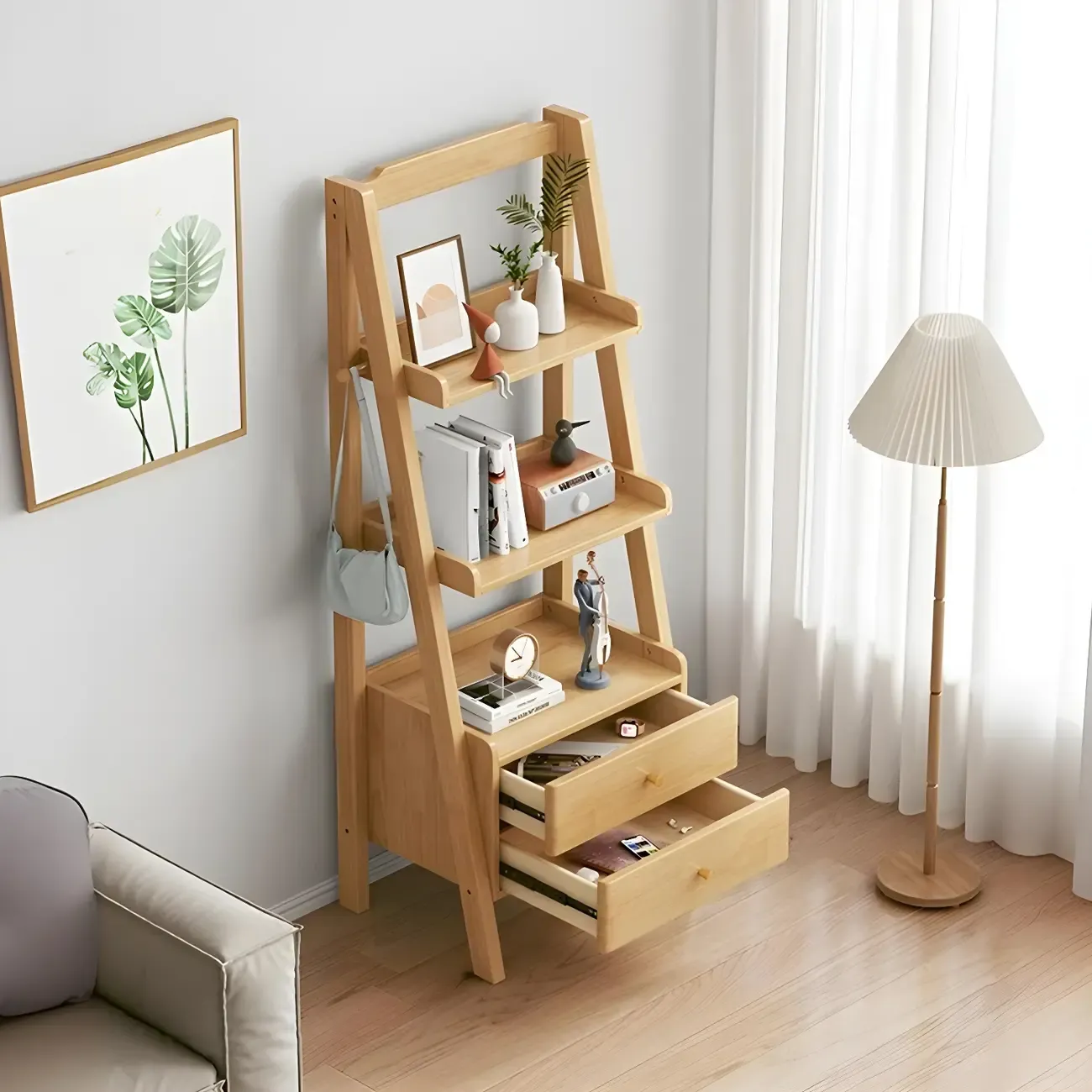 3-Tier Nut-Brown Wood Ladder Open Bookcase with Drawers