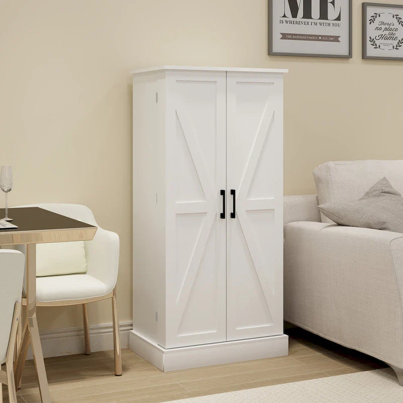 White Kitchen Pantry Cabinet with LED Sensor Light and 5-Tier Shelves