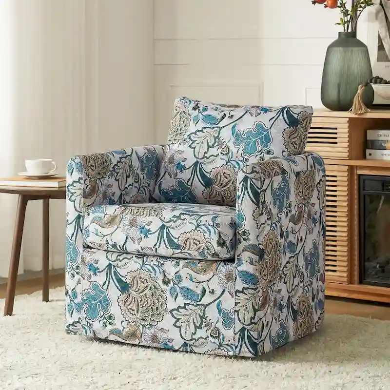 Floral Linen Swivel Barrel Chair for Living Room