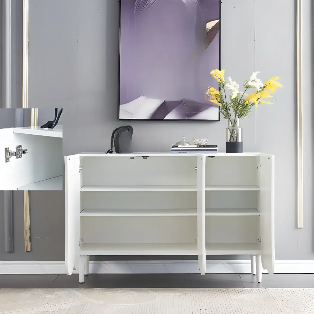 Modern White Wood Scalloped Adjustable Shelves Cabinet